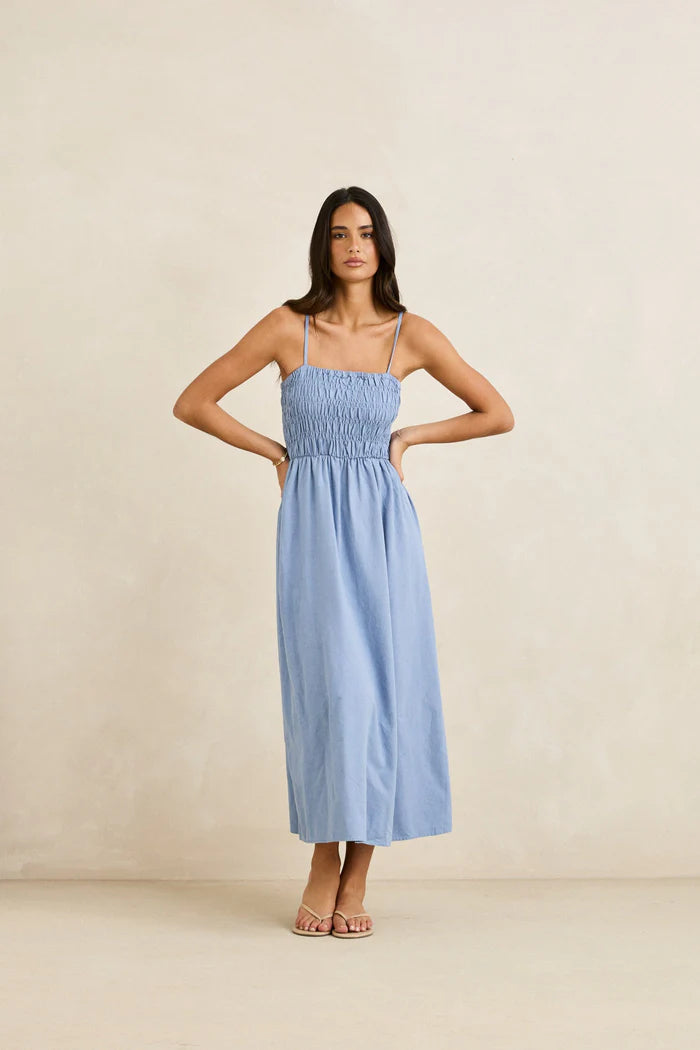 RHYTHM CLASSIC SHIRRED MIDI DRESS - STEEL BLUE