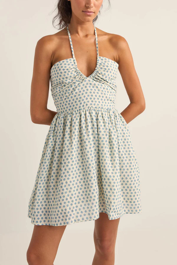 RHYTHM HARPER HALTER MINI DRESS BLUE FLORAL