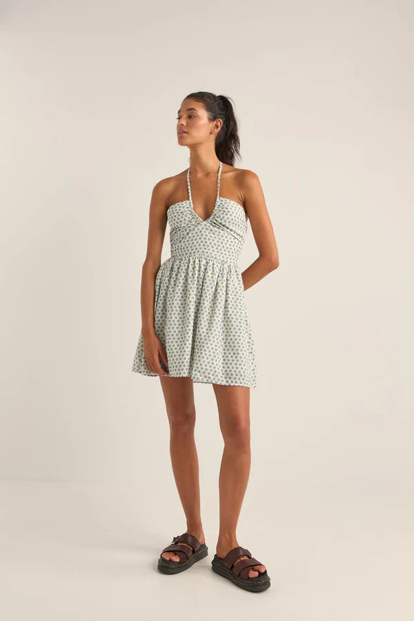 RHYTHM HARPER HALTER MINI DRESS BLUE FLORAL