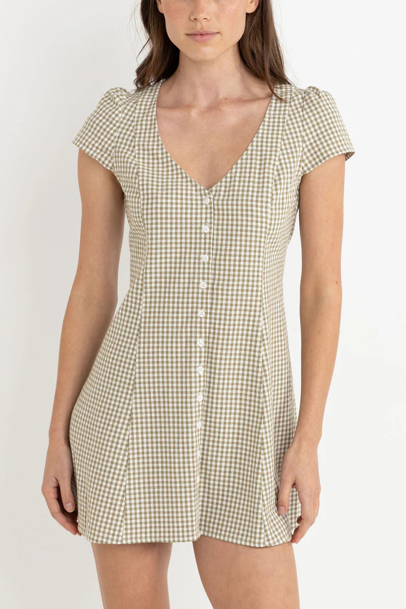RHYTHM LOLA CHECK CAP SLEEVE MINI DRESS - OLIVE
