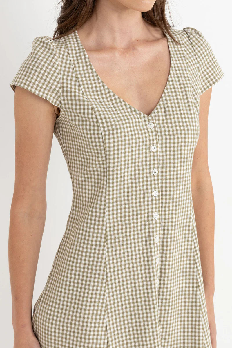 RHYTHM LOLA CHECK CAP SLEEVE MINI DRESS - OLIVE