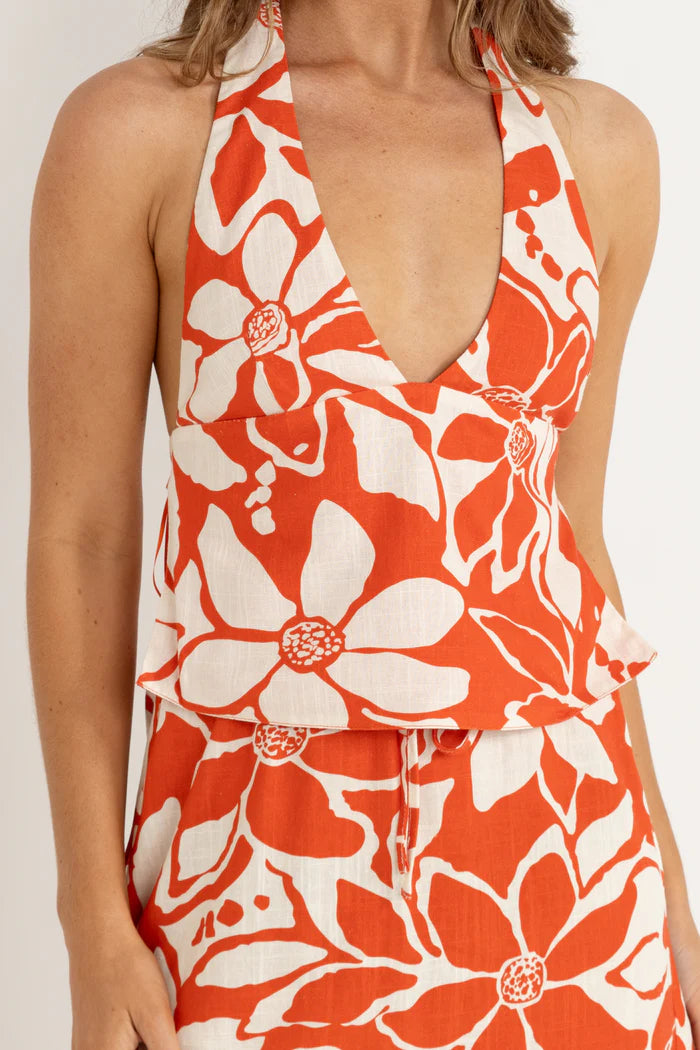 RHYTHM POPPY FLORAL HALTER TOP - RED