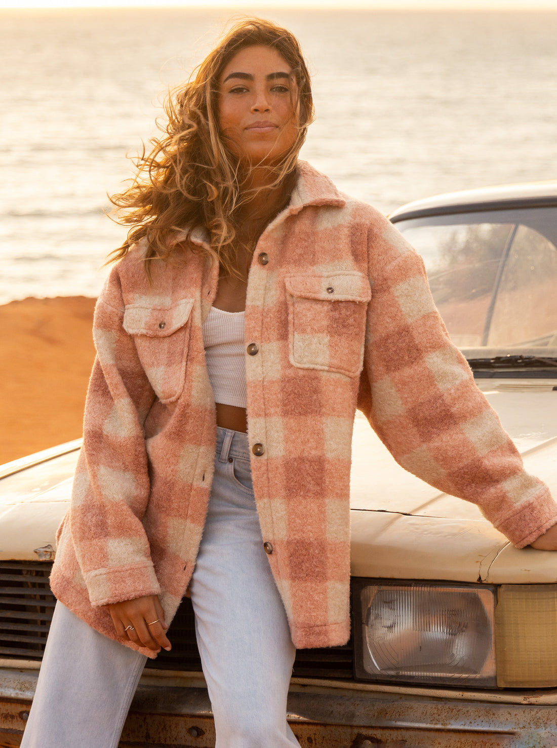 ROXY OVER AND ABOVE POLAR FLEECE JACKET - PARADISO PLAID CAFE CREME