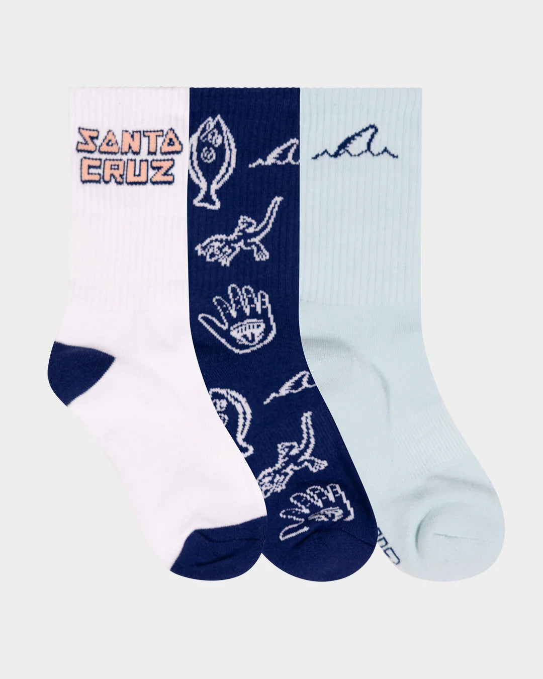 SANTA CRUZ TRIPPER DECONSTRUCT CREW SOCK 3 PACK - WHITE-DARK BLUE-LIGHT BLUE