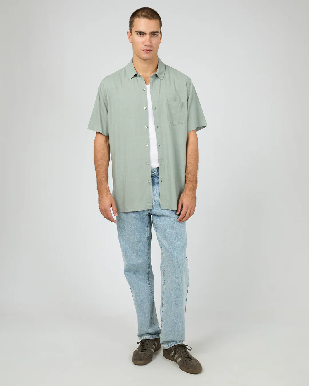 SILENT THEORY TEXTURED LINEN SHORT SLEEVE SHIRT - GREEN