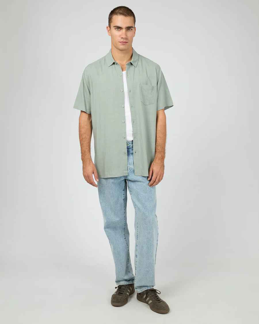 SILENT THEORY TEXTURED LINEN SHORT SLEEVE SHIRT - GREEN