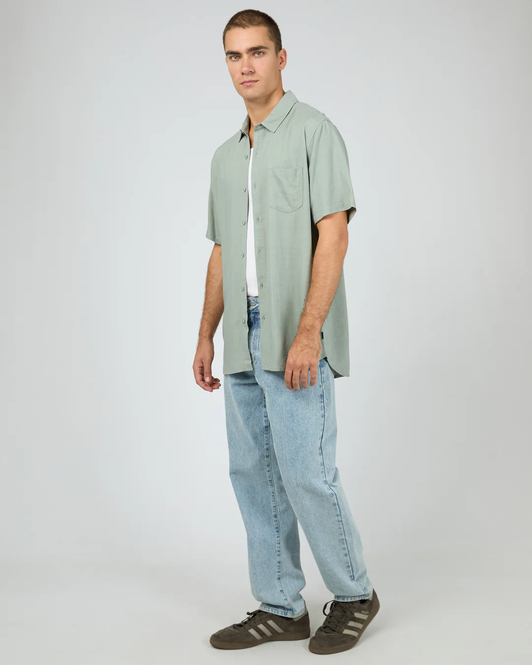 SILENT THEORY TEXTURED LINEN SHORT SLEEVE SHIRT - GREEN