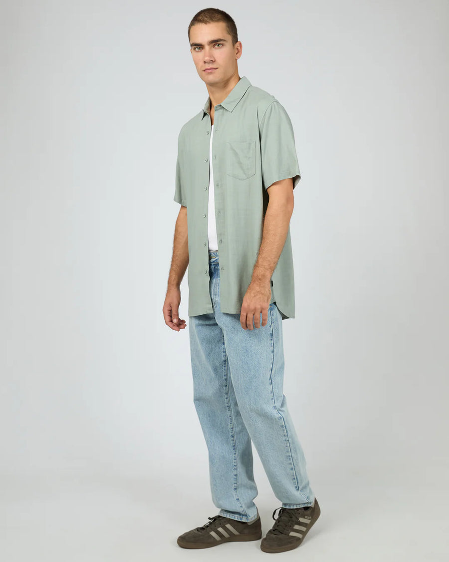 SILENT THEORY TEXTURED LINEN SHORT SLEEVE SHIRT - GREEN