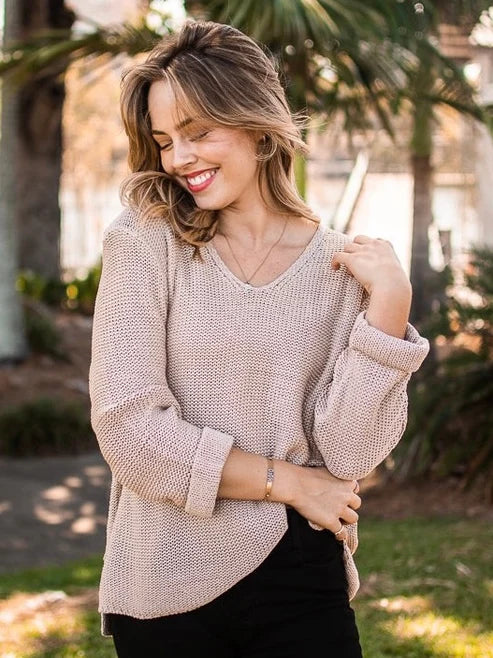 SILVER WISHES  ROLL UP SLEEVE KNIT TOP - BEIGE
