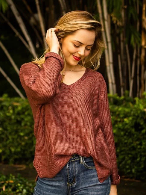 SILVER WISHES  ROLL UP SLEEVE KNIT TOP - BROWN
