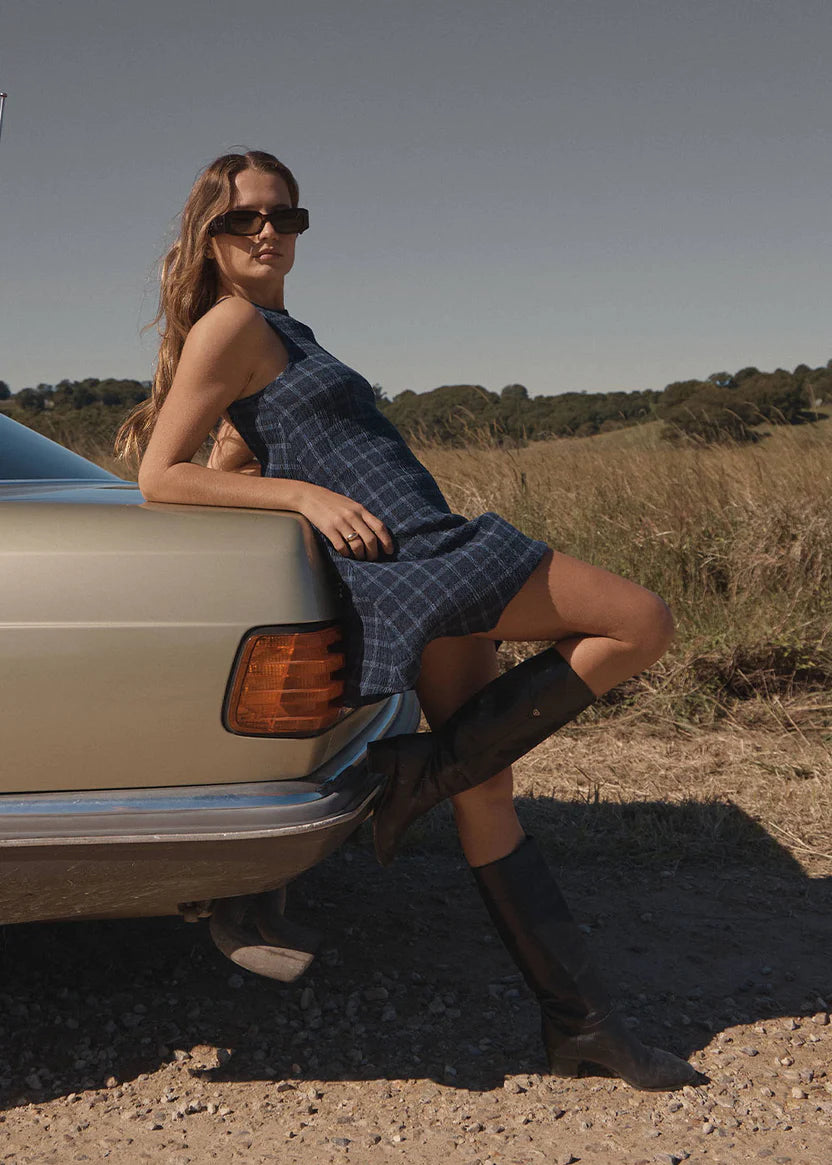 AFENDS SAMMY SEERSUCKER MINI DRESS - THEA MIDNIGHT CHECK