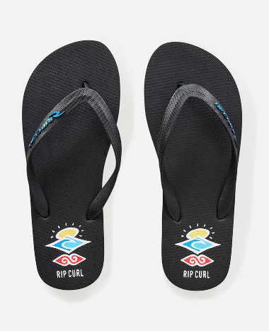 RIP CURL BRAND LOGO BLOOM OPEN TOE THONG- BLACK BLUE LOGO