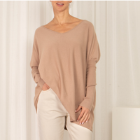 SLIDE SHOW SCOOP NECK TIGHT SLEEVE OVERSIZED WARM TOP - MUSHROOM