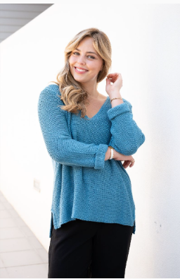 SILVER WISHES  ROLL UP SLEEVE KNIT TOP -LIGHT TURQUOISE
