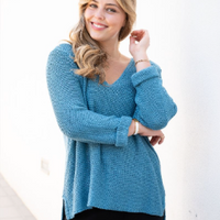 SILVER WISHES  ROLL UP SLEEVE KNIT TOP -LIGHT TURQUOISE