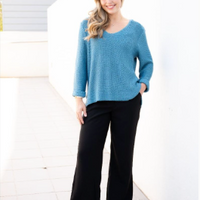 SILVER WISHES  ROLL UP SLEEVE KNIT TOP -LIGHT TURQUOISE