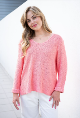 SILVER WISHES  ROLL UP SLEEVE KNIT TOP - FLOWER PINK