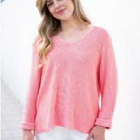 SILVER WISHES  ROLL UP SLEEVE KNIT TOP - FLOWER PINK