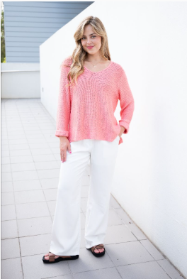 SILVER WISHES  ROLL UP SLEEVE KNIT TOP - FLOWER PINK