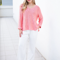 SILVER WISHES  ROLL UP SLEEVE KNIT TOP - FLOWER PINK