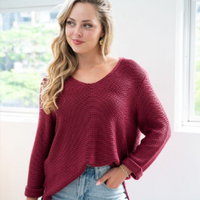 SILVER WISHES  ROLL UP SLEEVE KNIT TOP - PLUM