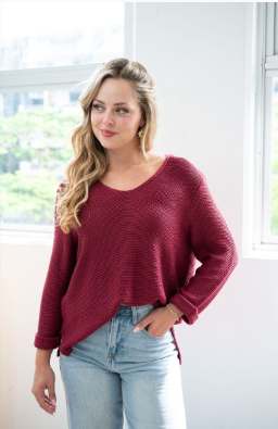 SILVER WISHES  ROLL UP SLEEVE KNIT TOP - DARK ROSE