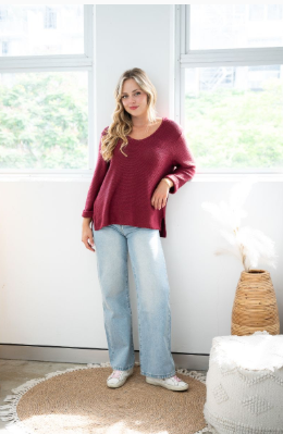 SILVER WISHES  ROLL UP SLEEVE KNIT TOP - PLUM
