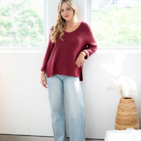 SILVER WISHES  ROLL UP SLEEVE KNIT TOP - PLUM