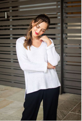 SILVER WISHES  ROLL UP SLEEVE KNIT TOP - WHITE