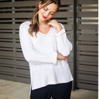 SILVER WISHES  ROLL UP SLEEVE KNIT TOP - WHITE