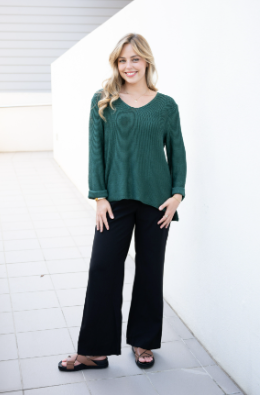 SILVER WISHES  ROLL UP SLEEVE KNIT TOP - FOREST GREEN