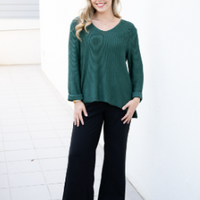 SILVER WISHES  ROLL UP SLEEVE KNIT TOP - FOREST GREEN