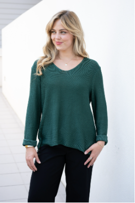 SILVER WISHES  ROLL UP SLEEVE KNIT TOP - FOREST GREEN