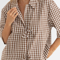 RHYTHM BIRDIE GINGHAM TIE FRONT TOP - BROWN