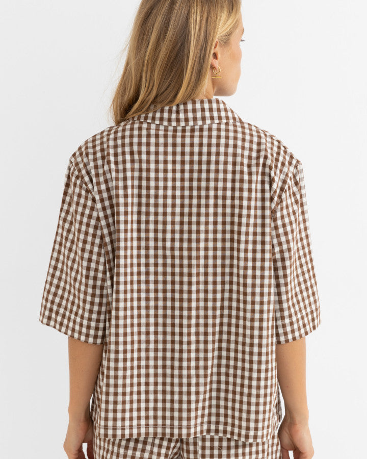 RHYTHM BIRDIE GINGHAM TIE FRONT TOP - BROWN