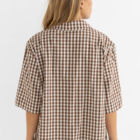 RHYTHM BIRDIE GINGHAM TIE FRONT TOP - BROWN