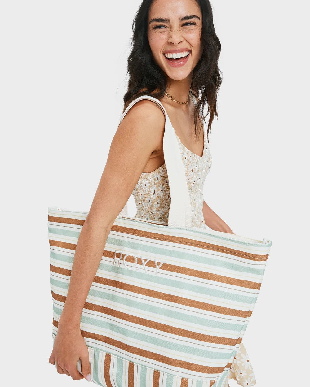 ROXY STRIPY BEACH TOTE BAG - LAUREL GREEN VARVER STRIPE