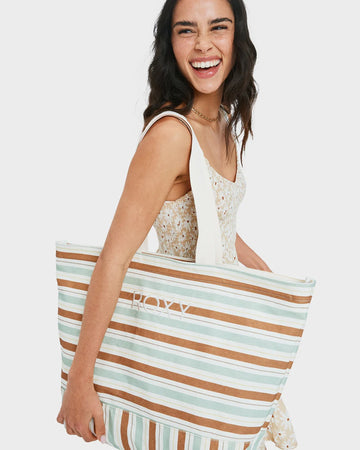 ROXY STRIPY BEACH TOTE BAG - LAUREL GREEN VARVER STRIPE