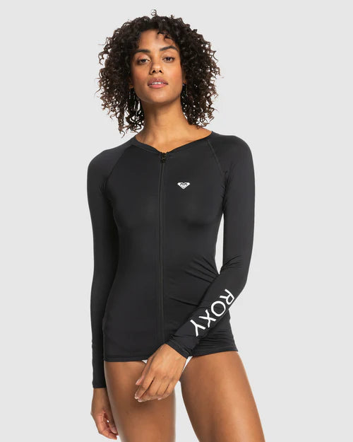 ROXY WOMENS NEW ESSENTIALS LS ZIPPED LYCRA RASH VEST - ANTHRACITE