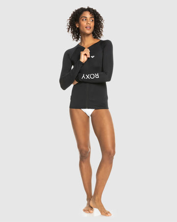 ROXY WOMENS NEW ESSENTIALS LS ZIPPED LYCRA RASH VEST - ANTHRACITE