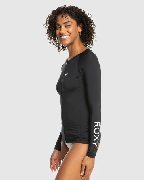 ROXY WOMENS NEW ESSENTIALS LS ZIPPED LYCRA RASH VEST - ANTHRACITE