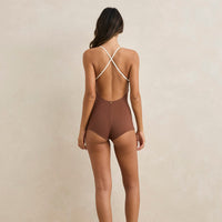 RHYTHM LILY RIB CROSS BACK SURF SHORT ONE PIECE - CHOCOLATE
