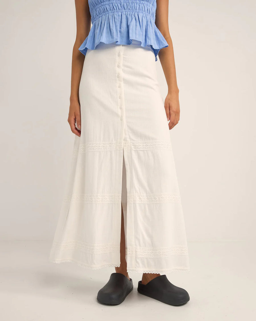 RHYTHM PEARL BUTTON FRONT MAXI SKIRT - WHITE