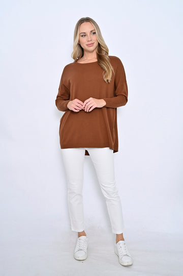 CALI & CO PLAIN FINE KNIT TOP - CHOCOLATE